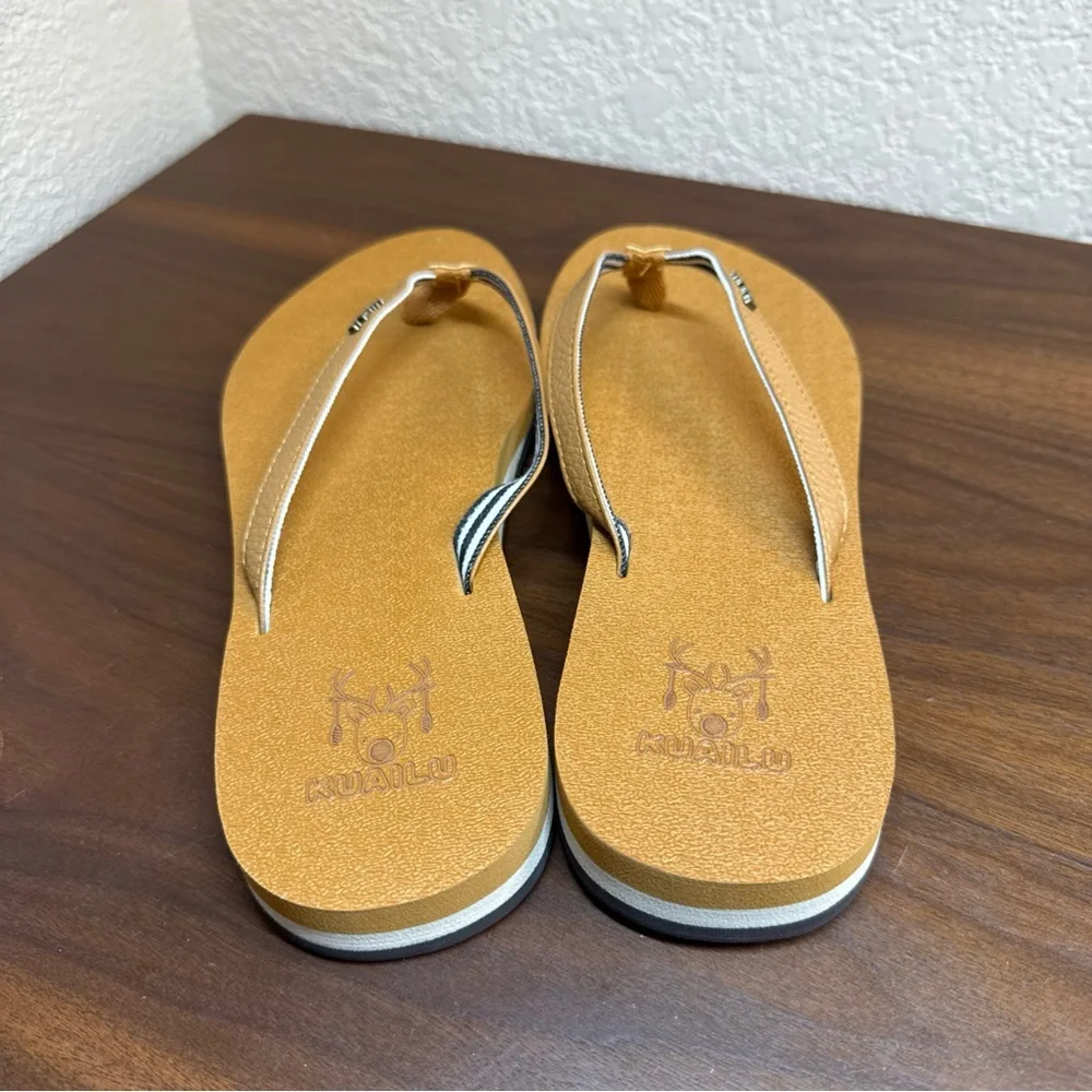 New KuaiLu Women's Flip Flops Sandals Tan Brown Foam Thong Sz 8.5 Yoga Beach